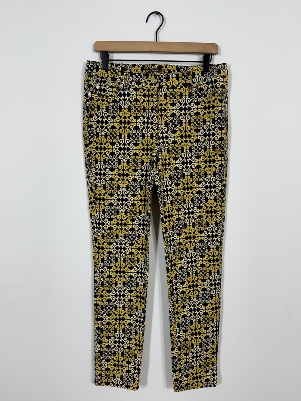 WJ362 {J. McLaughlin} Navy Yellow Printed Mid Rise Skinny Leg Denim Jeans